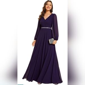 Ever Pretty Elegant V-Neck Long Sleeve Purple Evening Gown
